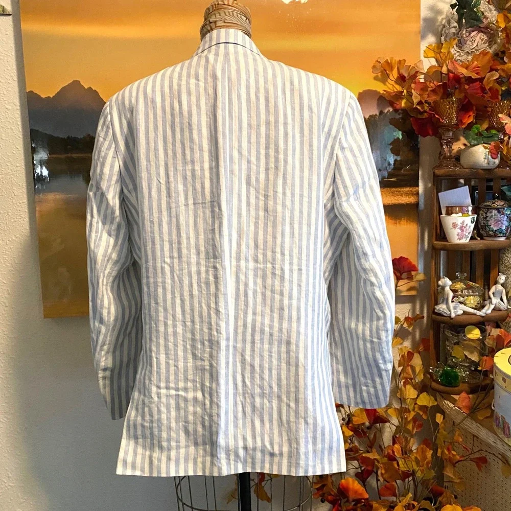Tommy Hilfiger Blazer Coastal Prep Linen Sport Coat Mens 46L Blue White Stripe